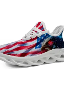 American Flag & Eagle Print Men's Sporty Running Shoes, Breathable Mesh Wave Sole Sneakers for Patriotic Casual Wear
