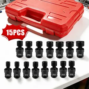 15PCS 3/8" Drive Shallow Universal Impact Socket Set,Swivel Socket Set,Metric Flexible Wobble Sockets, CR-MO,8-22mm, 6 Point