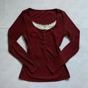 Solid Color Pattern Lace Edge Tops Button 90S Tops Casual Harajuku Trash Punk Chic Cute Street Retro Women's Long Sleeve T-Shirt Womenswear Streetwear