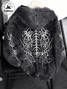 Men's Zip-Up Cardigan Hoodie with Graphic Thorn Skeleton Print, Casual Loose-Fit Cotton Sweatshirt Long Sleeve for Spring & Fall, Stylish Everyday Outerwear