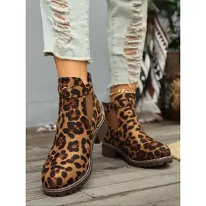 Women's Fashion Leopard Print Boots, Pull On Boots, Casual Comfortable Round Toe Booties for Daily Wear, Female All-match Shoes for Fall & Winter(Sheets)