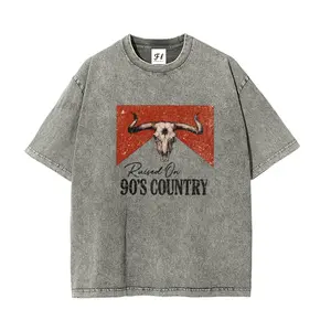 Vintage Acid Washed Oversized T-Shirt, Raised on 90s Country Bull Skull Graphic Tee, Unisex Heavyweight Cotton Streetwear, Retro Western Cowboy Summer Top