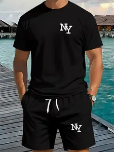 3D Digital Printed Two-piece Set with Black NY Letter Print, 2Pcs, Clothes, Menswear Trendy Fashion Suit, Trendy Retro Vintage Casual Two-piece Outfit, Vacation-style Trendy Wear, Breathable Sports Casual Style, Perfect Festival Gift for Men