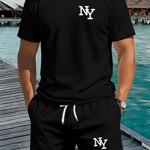 3D Digital Printed Two-piece Set with Round Neck and Black NY Letter Print, 2Pcs, Trendy Fashion Suit, Trendy Retro Casual Two-piece Outfit, Vacation-style Trendy Wear, Resort Wear Set, Breathable Sports Casual Style, Perfect Festival Gift for Men