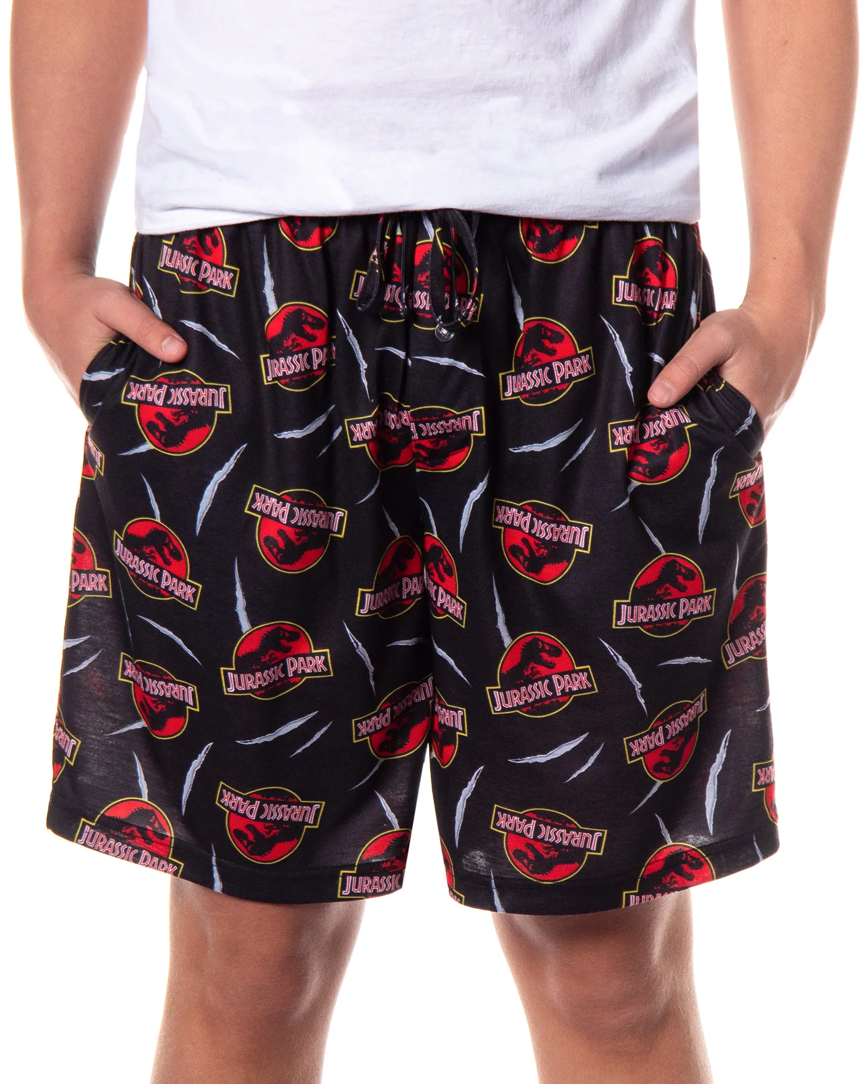 Jurassic Park Pajamas Men's Allover Claw Tear Logo Design Adult Lounge Sleep Shorts
