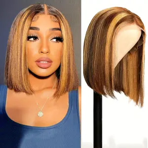 Highlight Bob Wig Human Hair 10 Inch Wear and Go Glueless 4/27 Highlight Bob Lace Front Wigs Human Hair Pre Plucked 13X4 HD Transparent Lace Frontal Wig Ombre Brown Honey Blonde Wigs For Black Women