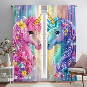 2-Piece Vibrant Unicorn Print Curtains, Home Textile, Stylish Rod Pocket Window Drapes for Bedroom & Living Room, Comfortable Atmosphere, Easy Installation