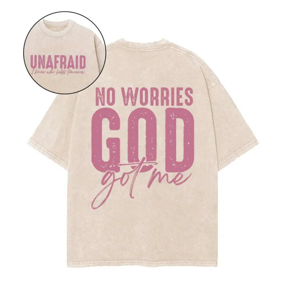 Women's Christian "No Worries God Got Me" Digital Print T-Shirt - Vintage Faith Graphic, Unafraid Bible Verse, Oversized, All Seasons, Do Not Iron, S-3XL