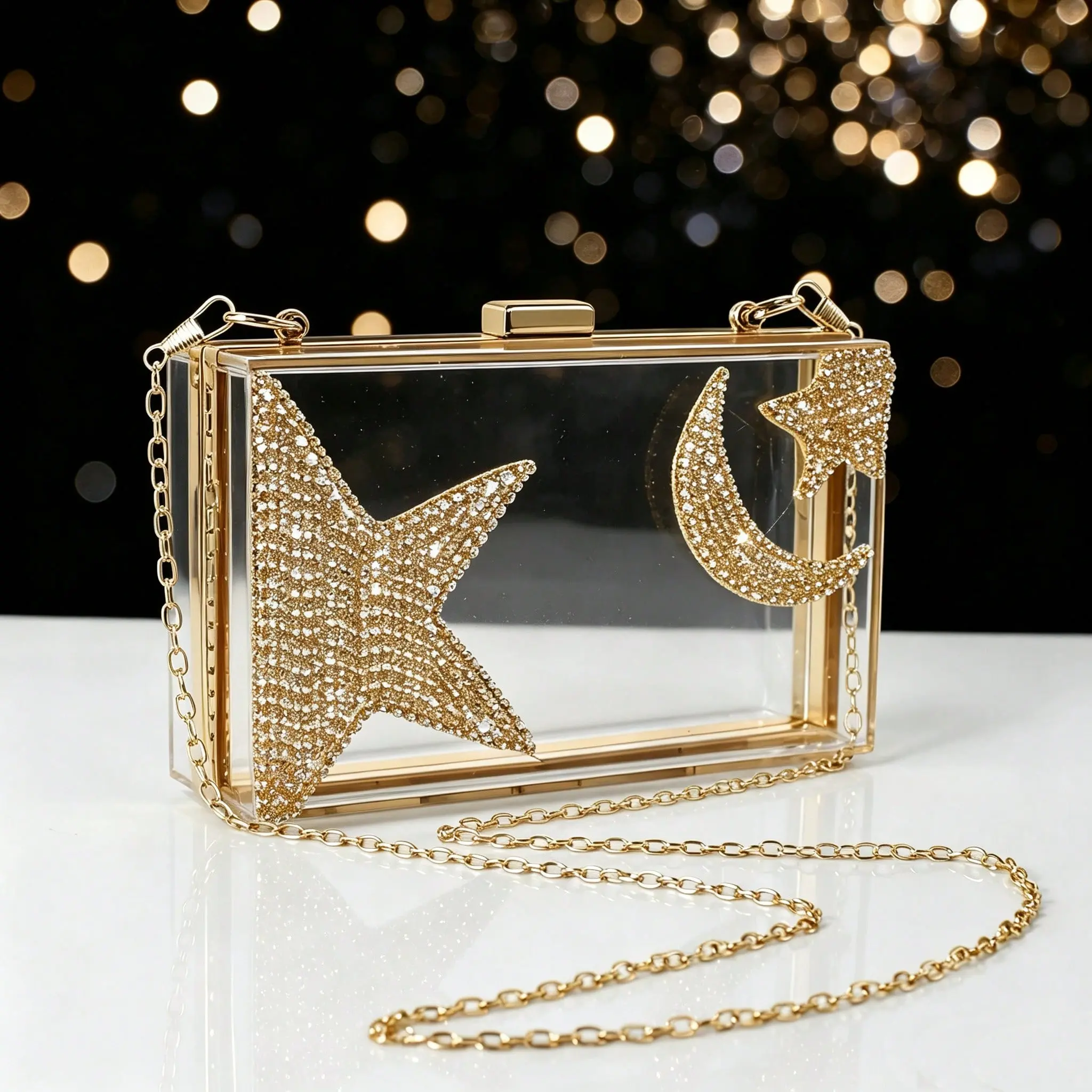 UBYSOYI Women's Fantasy Retro Acrylic Evening Clutch Purse - 1PCS Long Chain, Rhinestones Moon&Star Pattern, Wedding Guest Clutch for Bridal Formal Events, Trendy Design