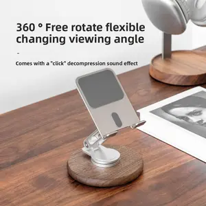 Solid Wood 360-Degree Rotating Phone Stand Desktop Adjustable Foldable Home Use Lazy Aluminum Alloy Heightening Stand trending gear Cellphone Smartphone mount Folding