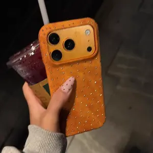 Orange Denim Pattern Rhinestone & Rivet Phone Case | Cool Y2K Street Style Protective Case | Shockproof and Scratch-Resistant Design | For iPhone 17/16/15/14/13 Pro Max | Trendy Punk Accessory
