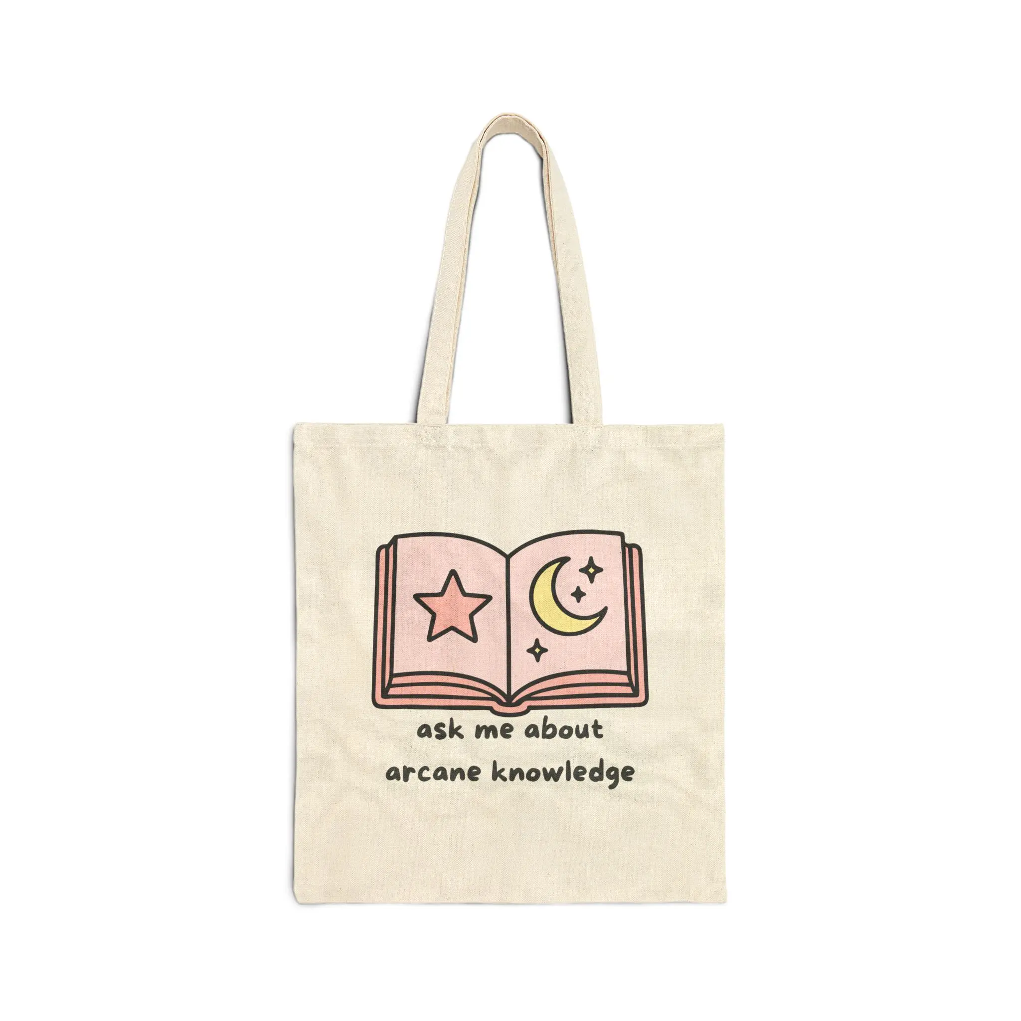Librarian on Duty | Ask Me About Arcane Knowledge Tote Bag | Magic Book Illustration, Moon & Star Design