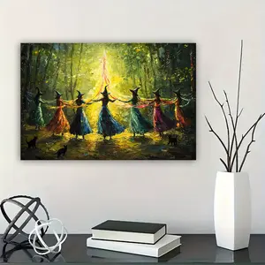1pc Wooden Framed, Rainbow Witch Solstice Dance Wall Art, Magical Maypole Forest Painting, Whimsical Witchy Wall Decor, Fantasy Cottagecore Print Poster, For Bedroom, Living Room, Home Decor