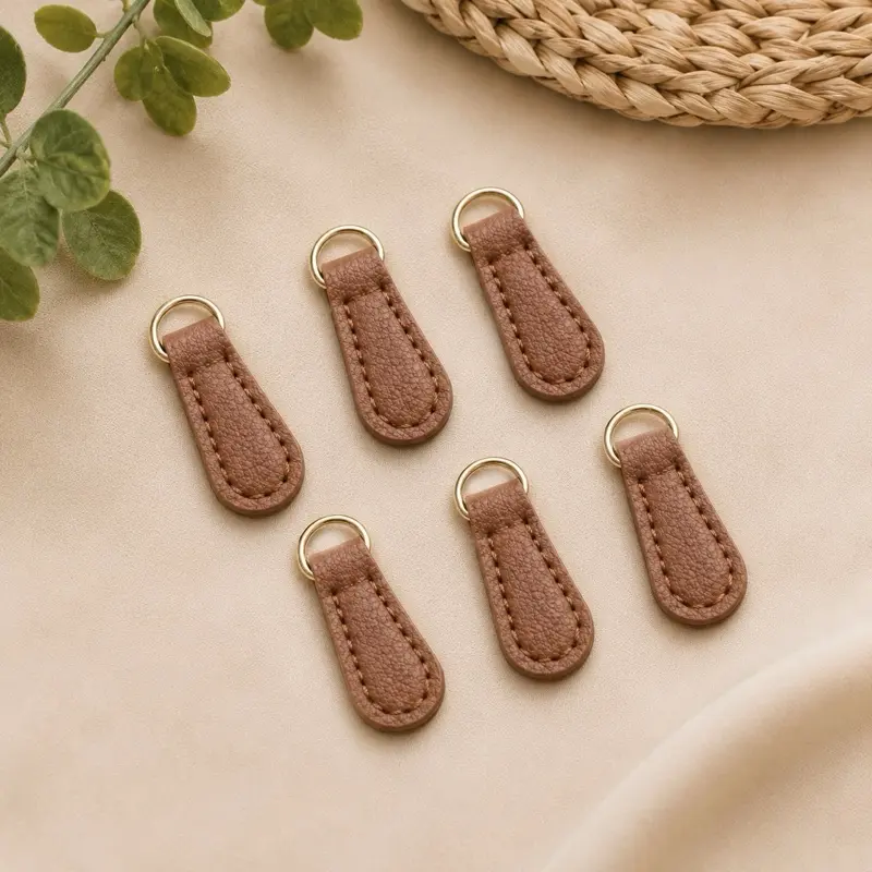 6 brown Faux Leather Zipper Pull Tabs