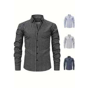 2025 New Men's Classic Checkered Long Sleeve Shirt - Elegant Business Casual Regular Fit Button-Up with Pointed Collar & Umbrella Hem, Hand Washable for Spring/Fall Seasons