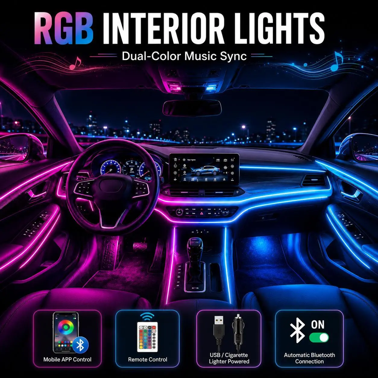 Interior Car LED Strip Lights, Acrylic LED Lights for Car with Dynamic Dreamcolor Chasing, Ambient Lighting Kits Music Sync Wireless APP and RF Remote Control security rgb devil eye sign shape heart, Car Interior Accessories, Led Lights For Cars