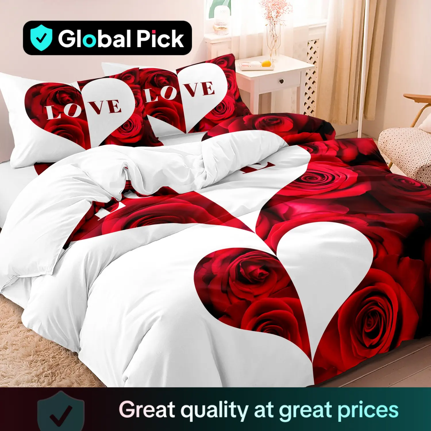 Rose Pattern Bedding Set, Including 1 Duvet Cover & 2 Pillowcases, Bedding Supplies for Home Bedroom Hotel