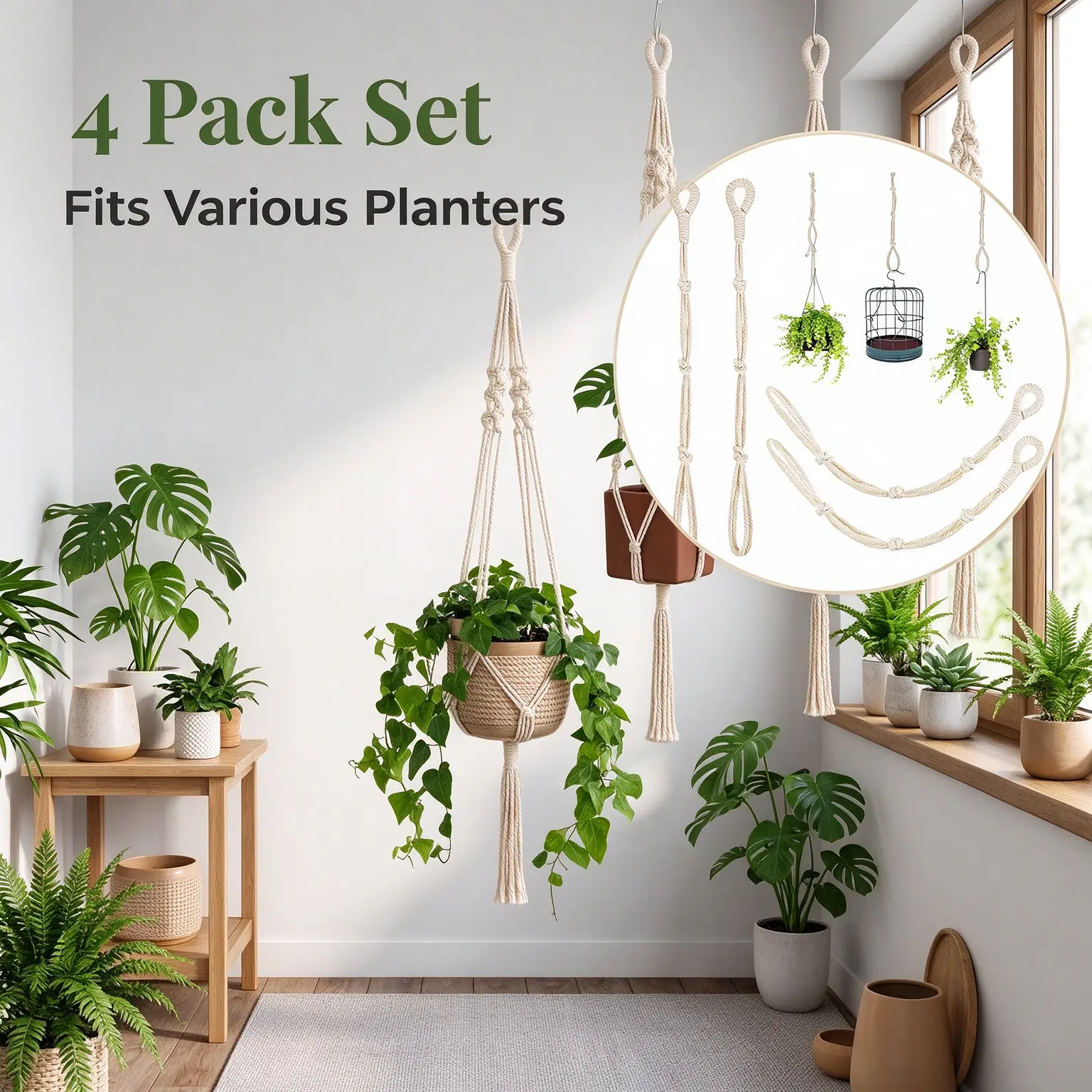 4-Piece Beige Cotton Macrame Plant Hanger Extender Rope Set - 40cm Adjustable, Neutral Style Macrame Home Decor, Plant Hanger Indoor Pot Holder Basket