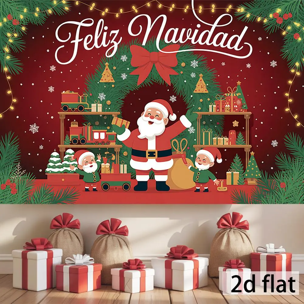 1pc Large Durable Soft Rectangle Christmas Wall Hanging Flag - 2D Flat Glam Spanish Style, Santa Claus Gifts, Snowflakes, Vibrant Mixed Colors, White Ornaments Festive Background, Printing Design, Indoor/Outdoor Holiday Home Textile Decoration