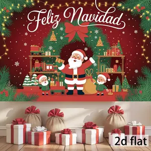 1pc Large Durable 2D Flat Spanish Christmas Wall Flag - Santa Gifts, Snowflakes, Vibrant Mixed Colors, White Ornaments Festive Background - Indoors, Outdoors Holiday Home Decoration Textile Decor
