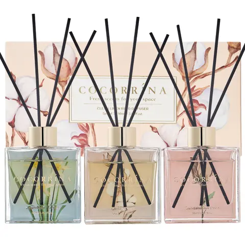 COCORRINA Fragrance Diffuser Set (3 Pack, 3.04 Fl.oz Total) - 24 Sticks, Cashmere Vanilla/Sandalwood Rose/Clean Linen Scents, Stick Style Scented Oil Diffusers for Home Bathroom Decor & Gifting, Room Scents Solution
