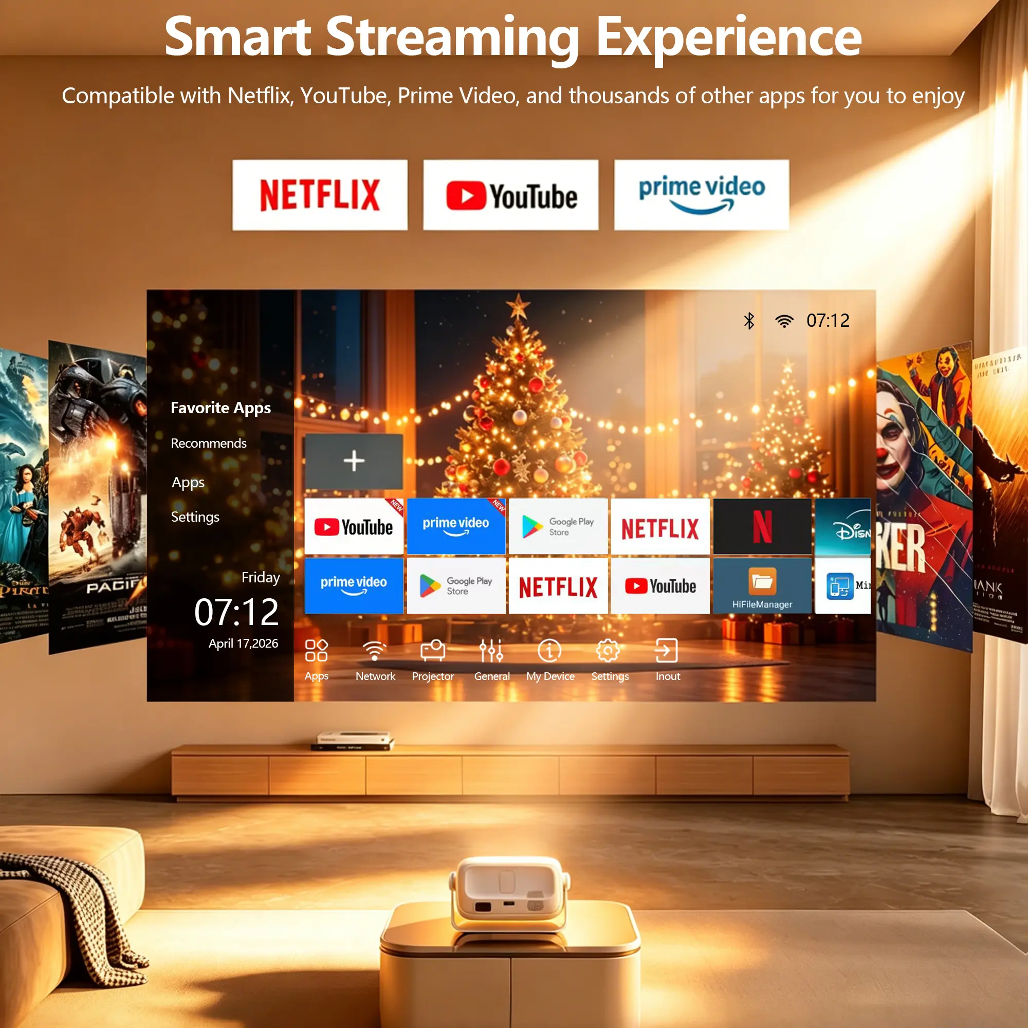 [US Warehouse] 2026 T6 Smart Projector, New Year， 4K Decoding, Android 11.0, Dual Wi-Fi 2.4+5G Wireless, Bluetooth, Autofocus, 180° Rotation, 150-Inch HD Display, Built-In Audio Speaker, Home Use Home Cinema Projector tiktokshopspringglow tiktokshopbackto