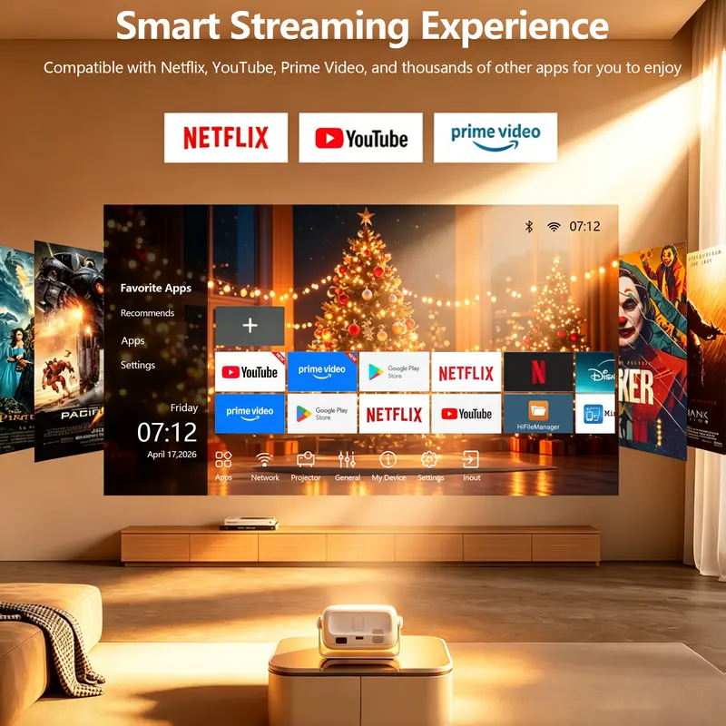 [US Warehouse] 2026 T6 Native 1080p LCD Smart Projector, 4K Decoding, Dual 2.4+5G Wi-Fi/USB, Bluetooth, Autofocus, Keystone Correction, 180° Rotation, 150-inch HD Display, 220W Built-in Speakers, Remote Control, Projector for Bedroom Tabletop Home Cinema