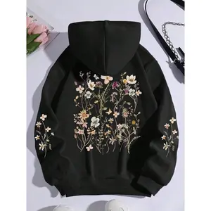 Women's Floral Print Drop Shoulder Hoodie, Fashion Casual Drawstring Pocket Hooded Sweatshirt for Daily Holiday Outdoor Wear, Women Clothing for Fall & Winter
