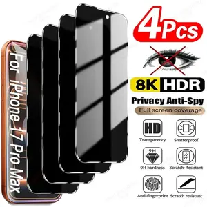4pcs Anti-spy Privacy Screen Protector for iPhone 17 Air/17/16/15/14/13/12/11/Pro/Pro Max/Plus/Mini/16e/XR/X/XS/XS MAX/7/8/SE,Full Coverage,High Definition Clarity,9H Hardness,Anti-Scratch,Touch Sensitive,Easy to Install