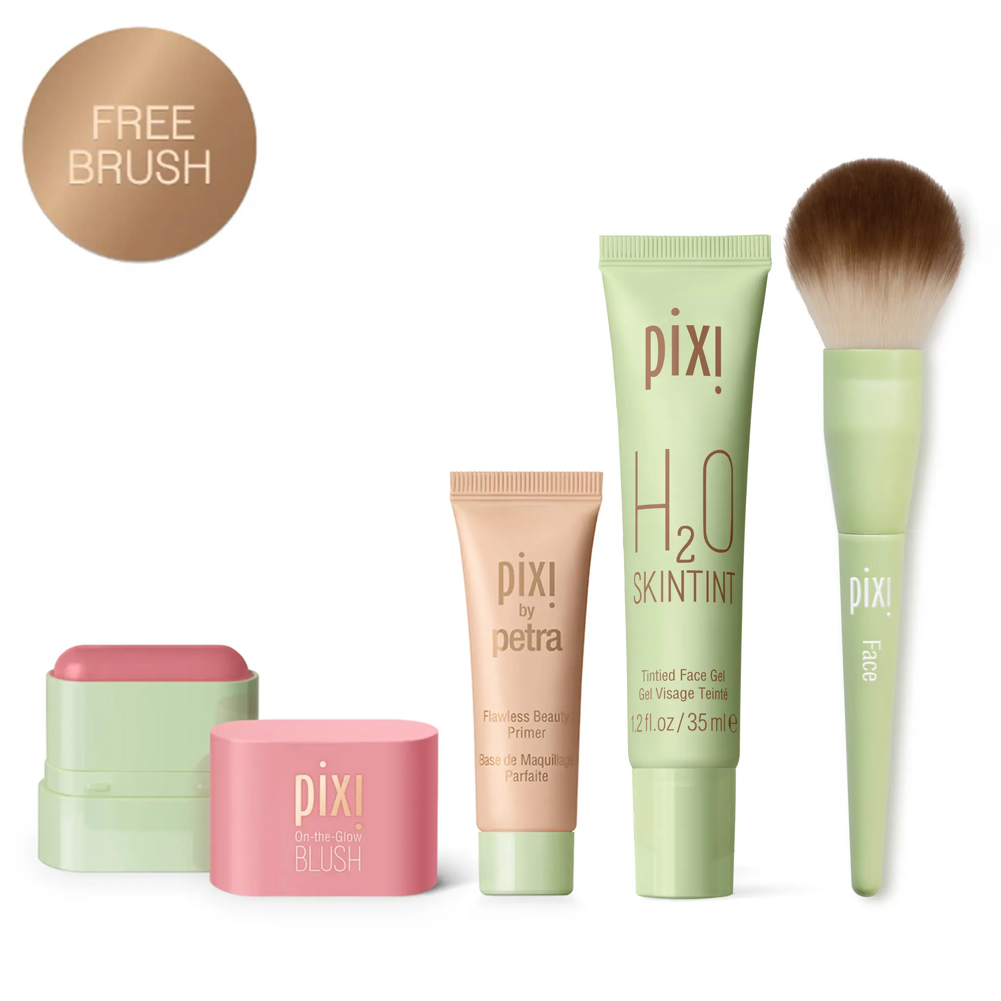 Pixi Mini Complexion Besties - Fleur Multi-Pack Travel Size Kit: Hydrating Primer, H2O Skin Tint, On-the-Glow Blush Petite Stick + Free Face Brush, Mini Toiletries for Purse, Dewy Even Skin, Lightweight Coverage