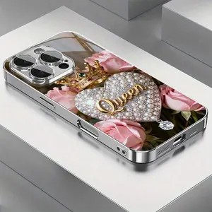 Crown Pearl Heart 2D Pattern Glass Cellphone Case - Full Body Shockproof Protector, Furry Luxury Design, Creative Fashion Casing for iPhone 11-16/16 Pro Max/17 Air/14 PLUS, Samsung Galaxy S22-S25/Ultra/FE | Mobile Phone Accessories