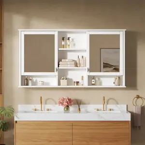55-inch Wall-Mount 2-in-1 Mirror Cabinet with Adjustable Shelves, Soft-Closing Hinges, High-Definition Mirrors, for Bathroom Vanity, Living Room, Bedroom Storage Organizer