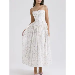 Women’s corset-detail spaghetti-strap knotted maxi dress — French flowy white summer beach bohemian sundress, sleeveless formal boho print