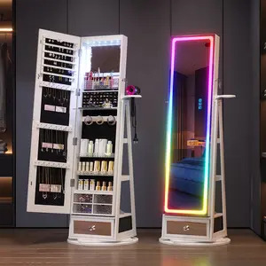 Dystler Jewelry Storage Cabinet with LED Full-Length Mirror, 360° Swivel Standing Jewelry Organizers with Shelves & Drawer Storage, Jewelry Armoire with Remote Control Lights, White,summerwins
