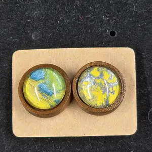 12 mm stud earring, wooden bezel. hardwood, base metal stud