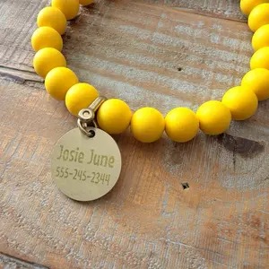 Yellow Bead Dog Necklace with a personalized ID tag, Silicone Beads durable wire hold with ring clasp