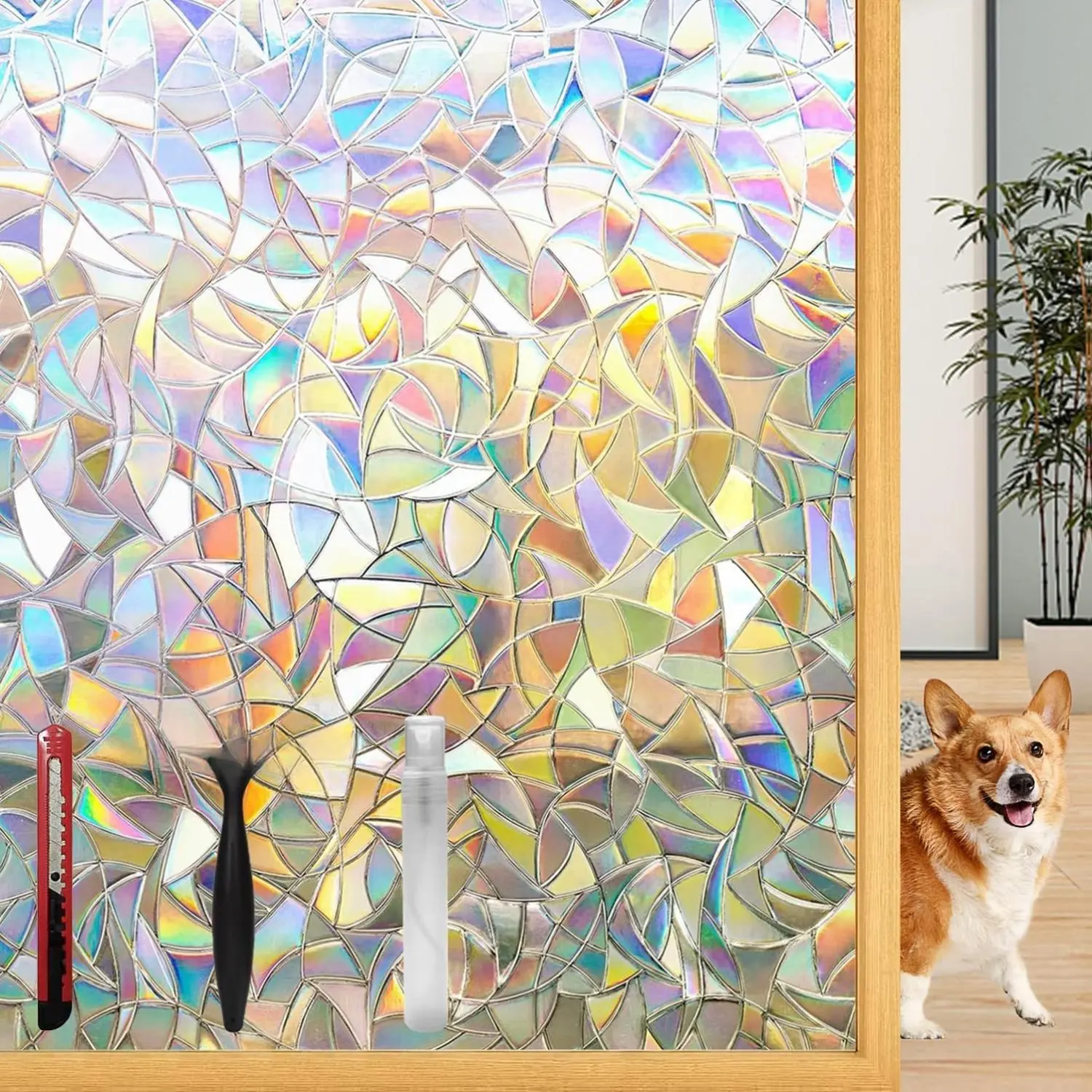 Rainbow Window Privacy Film with Installation Tools, 3D Decorative, Stained Glass Decals, Removable, Peep-Proof, Static Cling, Heat Control, UV
