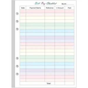 Colorful Monthly Budget Payment Checklist Refills for A5 Binder - 50 Sheets/100 Pages, 6 Hole Punched, 100 gsm White Paper, Size 5.8" x 8.3"