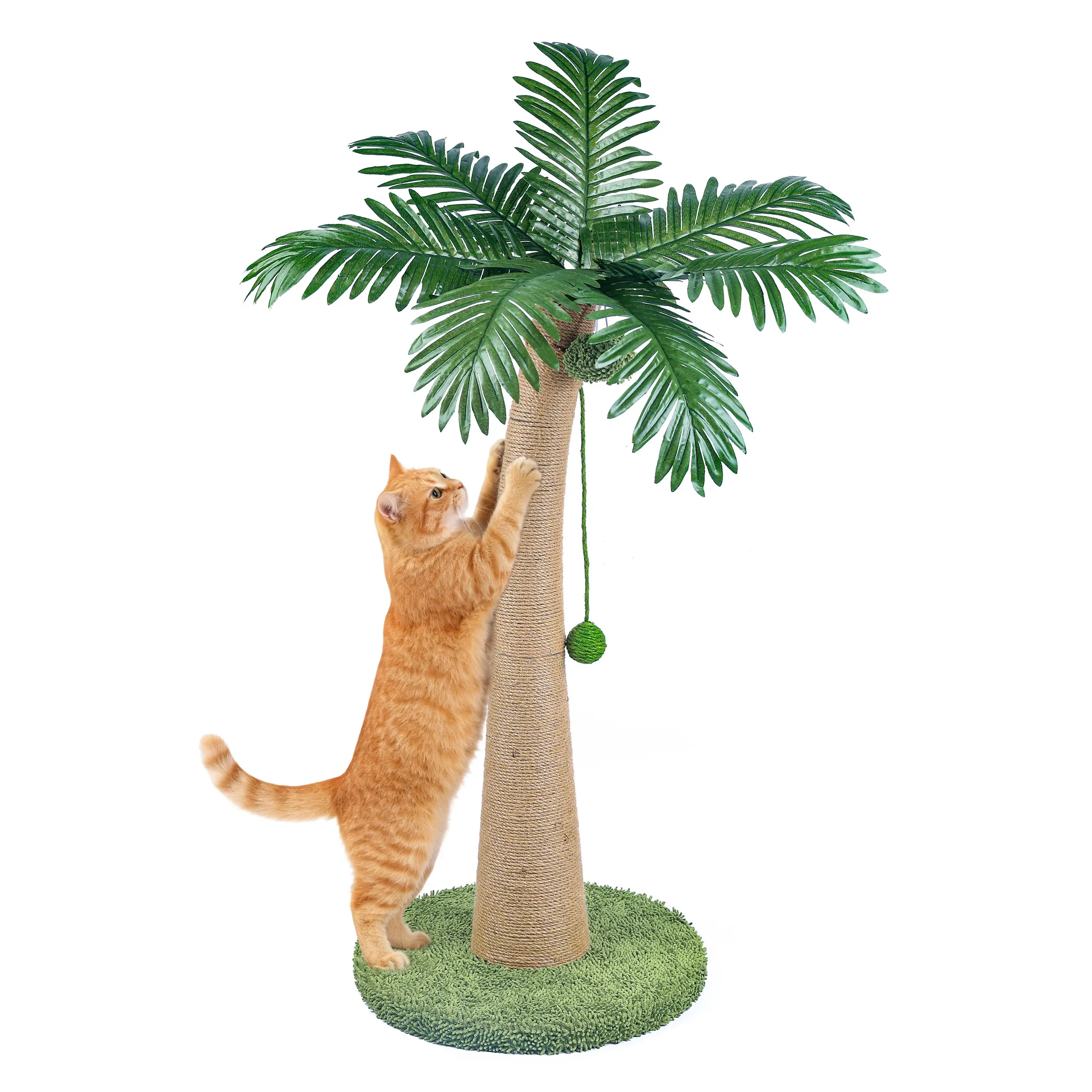 Indoor Cat Scratching Post Tree with Palm Leaf Design, Green Base, Hanging Toy and Interactive Play Area