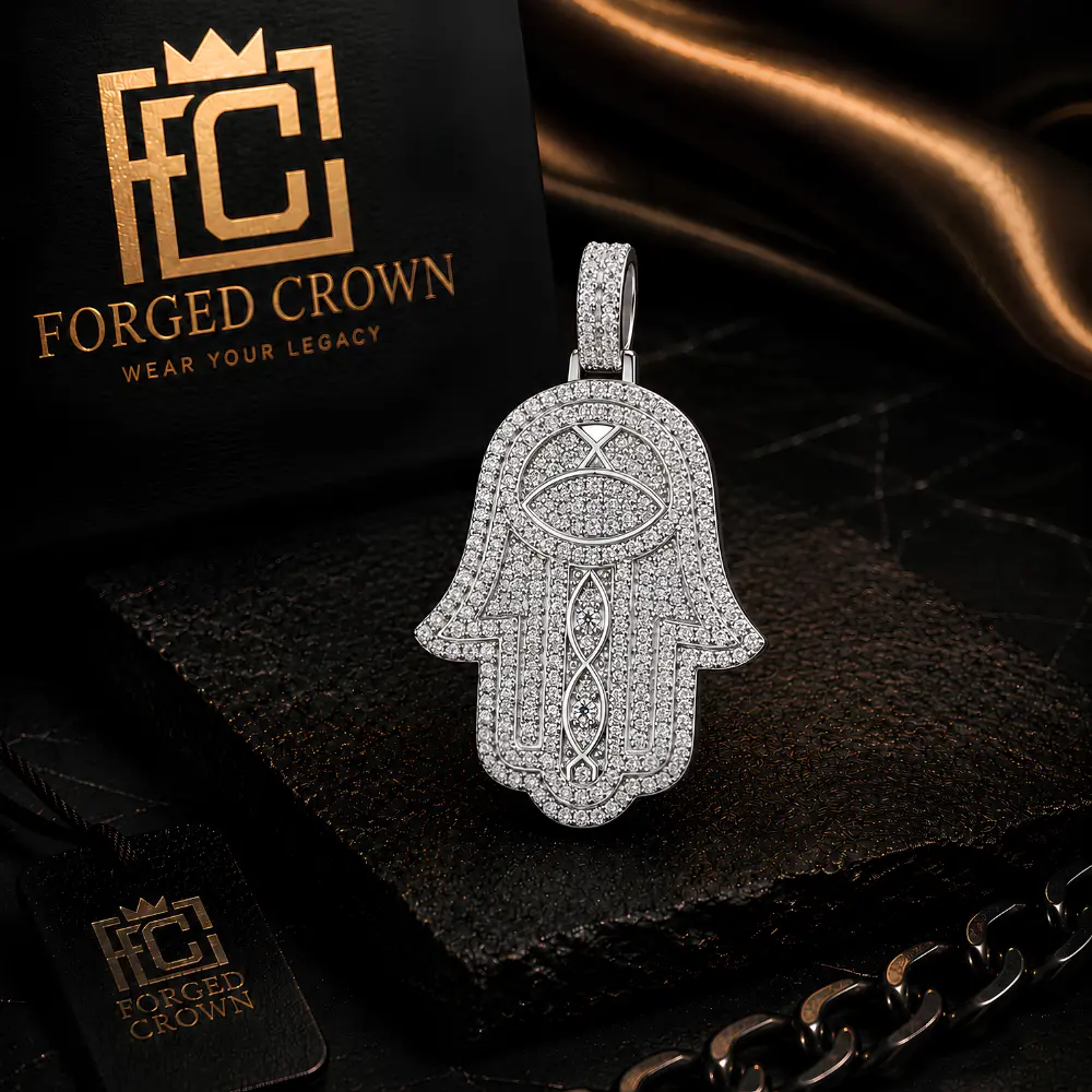 Moissanite Pave Hand Pendant Platinum Finish S925 Sterling Silver