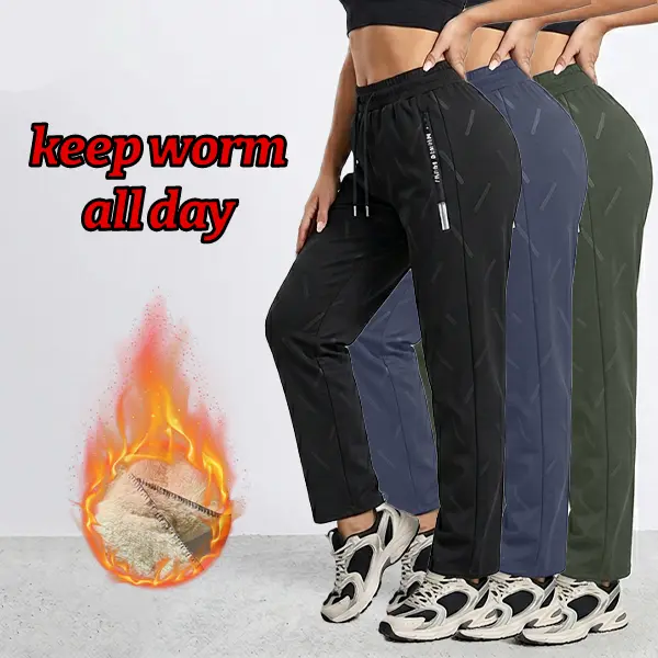 Women's Fleece-Lined Polyester Pants, Winter Athletic Sweatpants with Side Stripes, Straight Leg Fit and Zipper Pockets, Sweatpants For Women, Athleisure Pants, Casual Athletic Pants