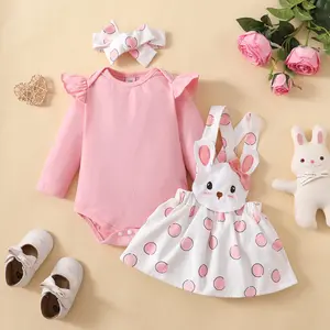 Newborn Baby Girl Easter Outfit Long Sleeve Romper Rabbit Suspender Skirt Headband My First Easter Outfit