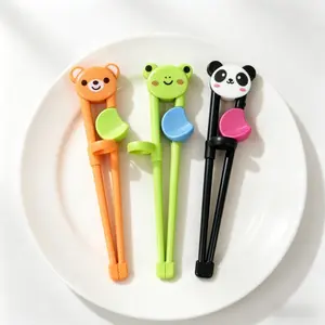 3-Pairs Children's Safety Training Chopsticks with Cartoon Top Decoration - Ergonomic Ring Design, Non slip Grip Learning Tool, Durable Children's Tableware Gift (Cat/Panda/Frog)