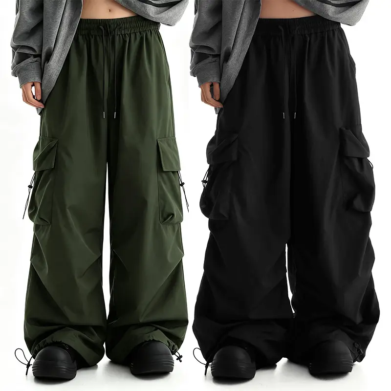 American functional-style multi-pocket paratrooper pants, lightweight quick-dry wide-leg cargo trousers with adjustable drawstring cuffs, unisex loose-fit versatile outdoor casual workwear pants