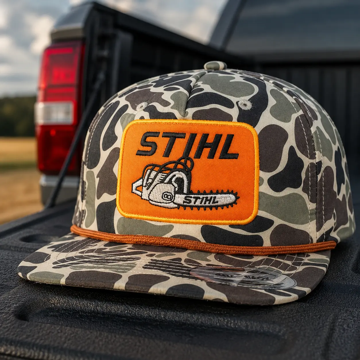 Camo Chainsaw Patch Hat, Vintage Outdoor Workwear Cap, Orange Rope Snapback, Hunting Trucker Hat, Logger Gift for Men