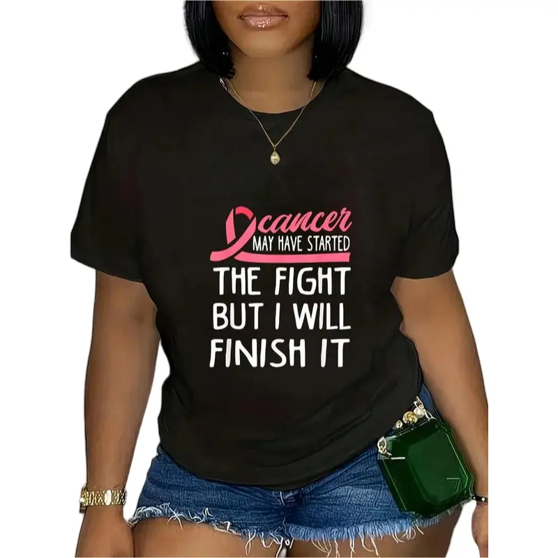 100% Cotton Women's Cancer May Have Started Fight Breast Cancer Fighter T-Shirt Vintage Graphic Tees Shirts Women Clothing Cancer Awareness Design Customized Gifts