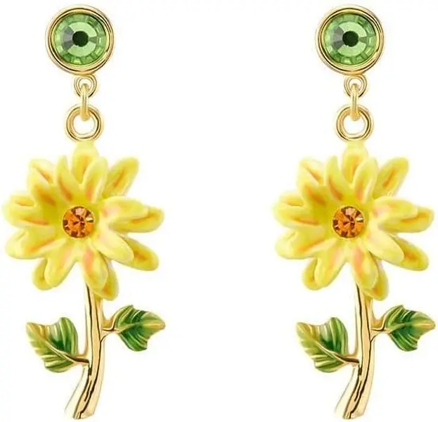 Sunflower Dangle Earrings for Women | Hand Painted Enamel Floral Earrings with Created Zircon & 925 Sterling Silver Posts