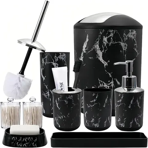 Plastic 9-Piece Durable Marble Style Bathroom Decor Set - Versatile Modern Organizer with Trash Can, Vanity Tray, Soap Dispenser, Soap Dish, Toothbrush Holder, Water Glass, Toilet Brush, Qtip Holders (White/Black) for Clutter-Free Bathrooms