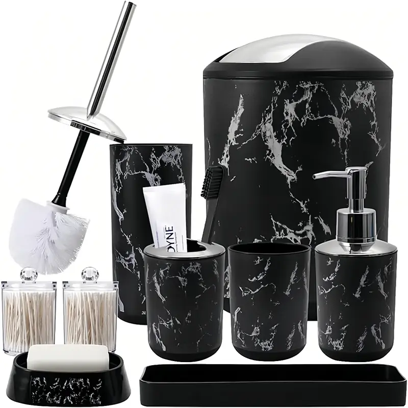 Plastic 9-Piece Durable Marble Style Bathroom Decor Set - Versatile Modern Organizer with Trash Can, Vanity Tray, Soap Dispenser, Soap Dish, Toothbrush Holder, Water Glass, Toilet Brush, Qtip Holders (White/Black) for Clutter-Free Bathrooms