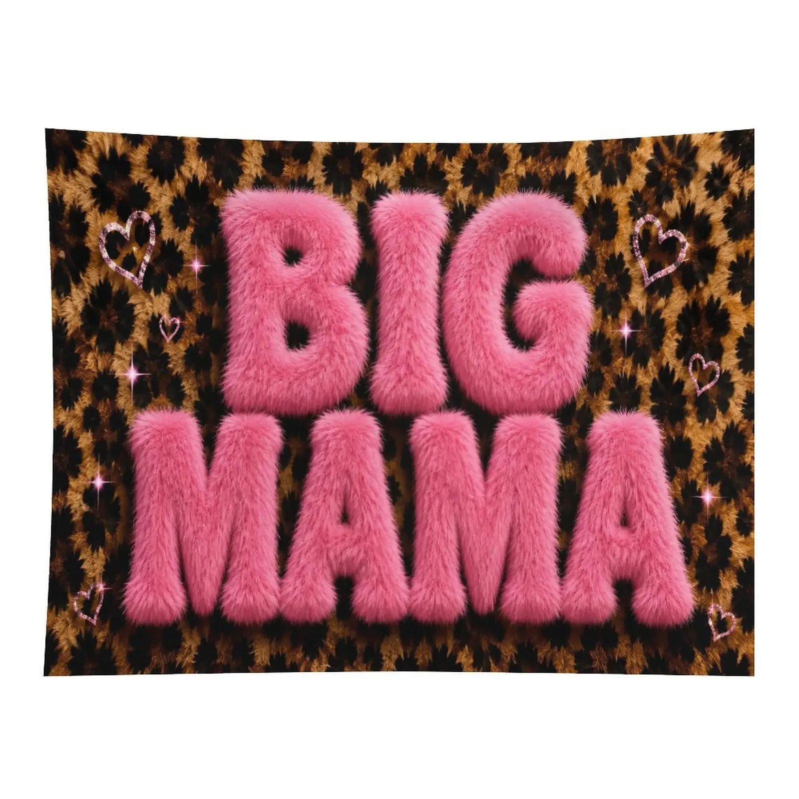 Pink Fluffy Furry BIG MAMA Letter Words Glitter Rhinestone Hearts Brown Leopard Print Background Girly Wall Tapestry For Teen Girls Room Decor